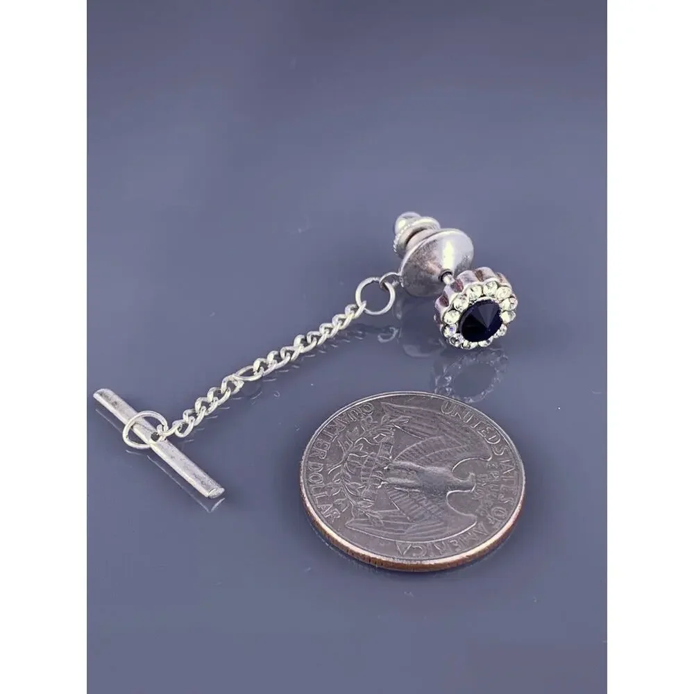 Rhinestone & Obsidian Silver Plated Tie Tack Pin Round White Black Vintage